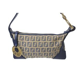Fendi Navy Accessory Beige Zucchino Blue Canvas Shoulder Pouch Leather Tan Bag